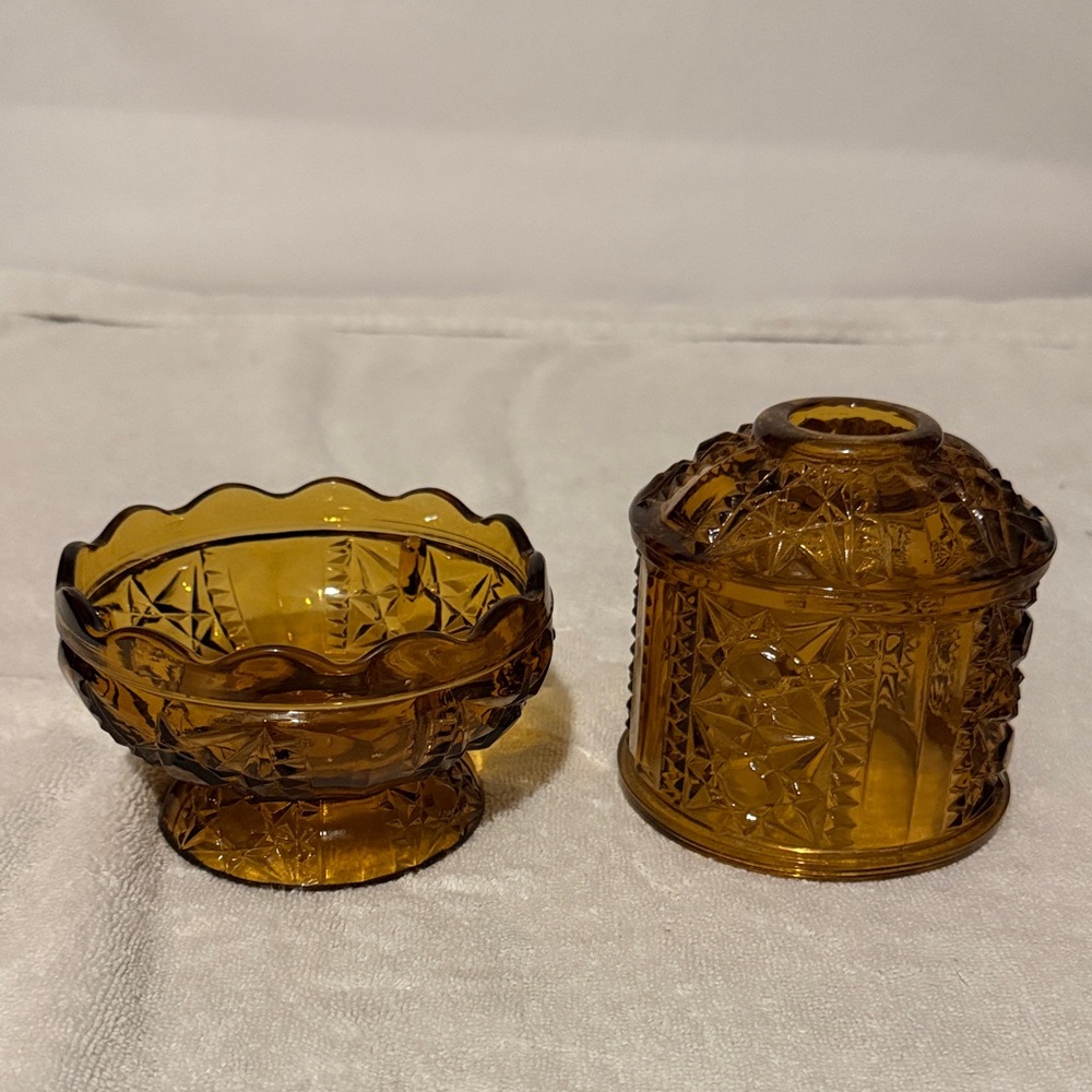 Indiana Glass Fairy Lamp Amber Stars and Bars Vintage Candle Holder - Picture 4 of 4